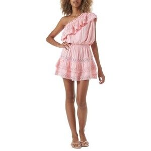 MELISSA ODABASH Debbie One Shoulder Ruffled Voile Mini Dress Baby Pink Sz S